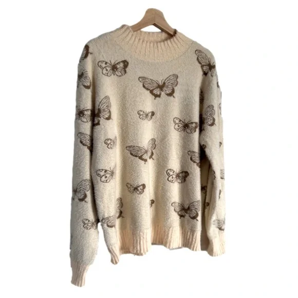 Sioni Butterfly Print Cream & Brown Mock Neck Sweater New With Tag Extra Large - Picture 5 of 16
